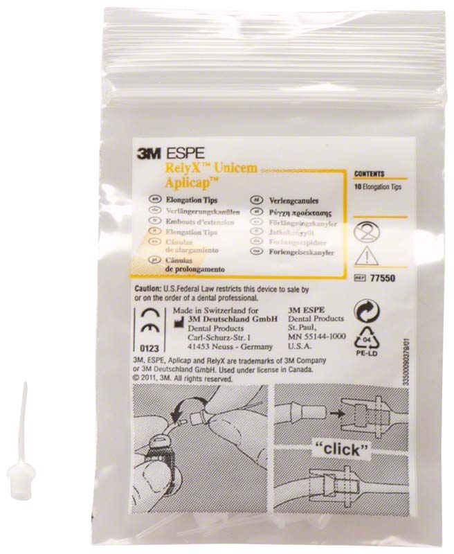 RelyX™ Unicem Applikationskanülen in transparenter Verpackung mit Illustrationen und Text.