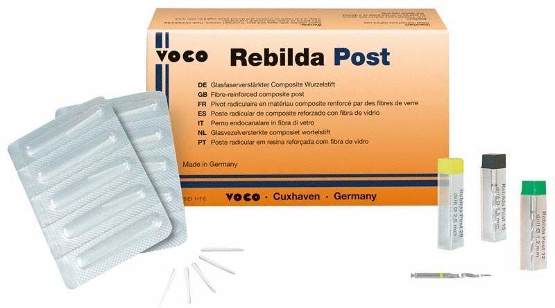 Rebilda Post Intro Set mit glasfaserverstärkten Wurzelstiften und Zubehör.