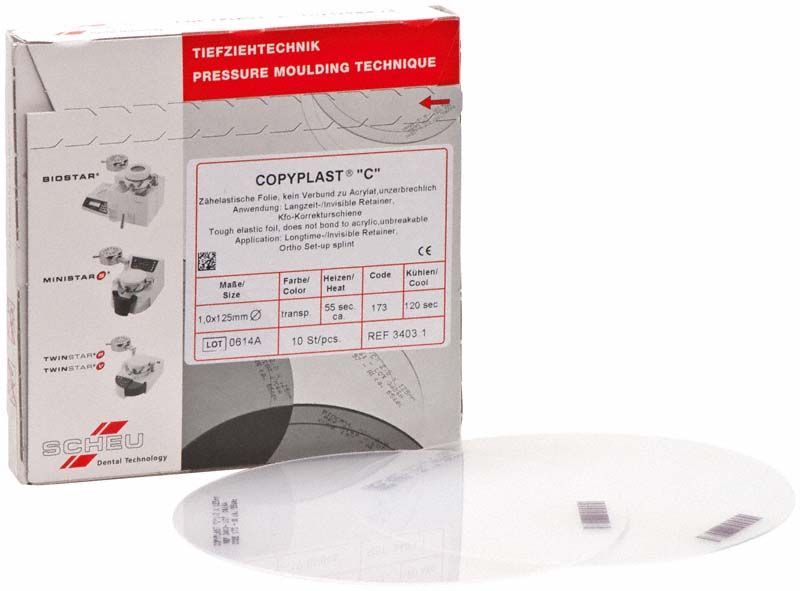 Hochtransparente COPYPLAST® C 1,0mm Tiefziehfolie für dentalen Einsatz.