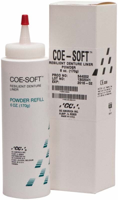 Coe-Soft™ Pulver in weißer Nachfüllflasche mit Verpackung im Hintergrund.