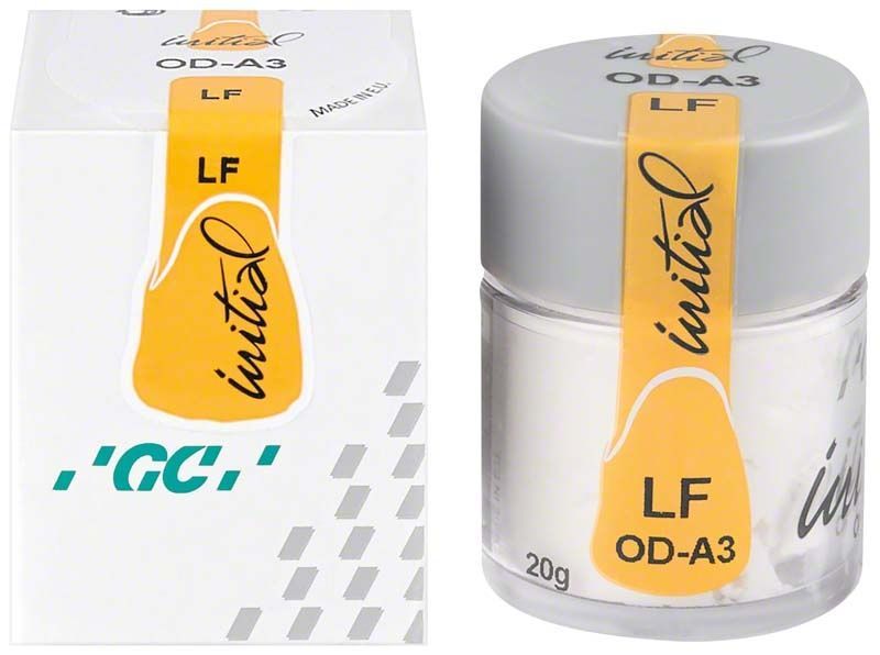 Transparente Dose mit GC Initial LF Opaque Dentin ODA3 und gelbem Etikett.