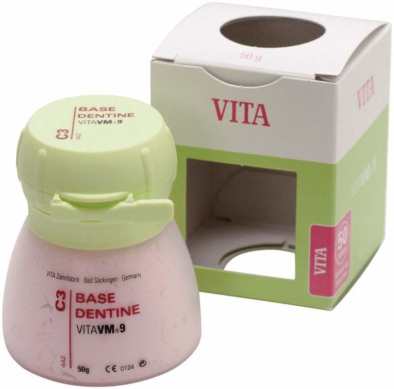 VM9 Base Dentin 50g C3 Zahndentin mit Verpackung auf weißem Hintergrund.