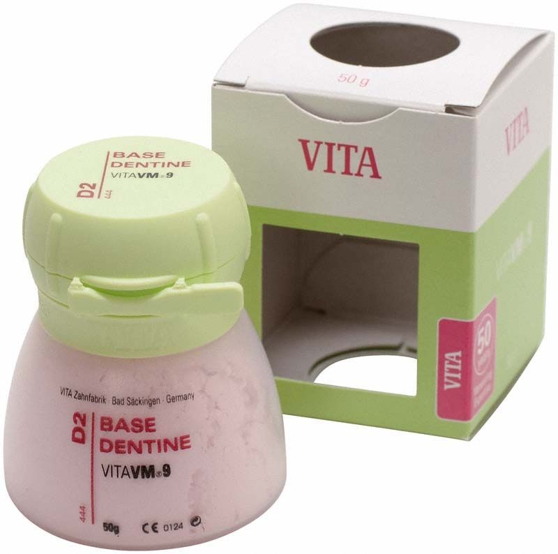 VM9 Classical Base Dentin 50g D2 mit Verpackung und grünem Deckel.