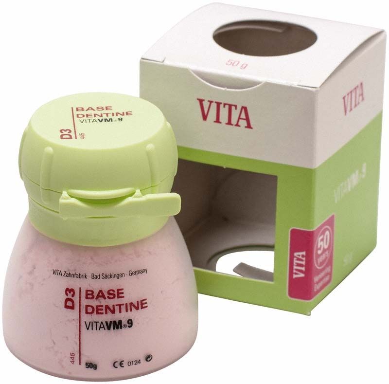 D3 Base Dentin VM9 in grünem Behälter und Verpackung.