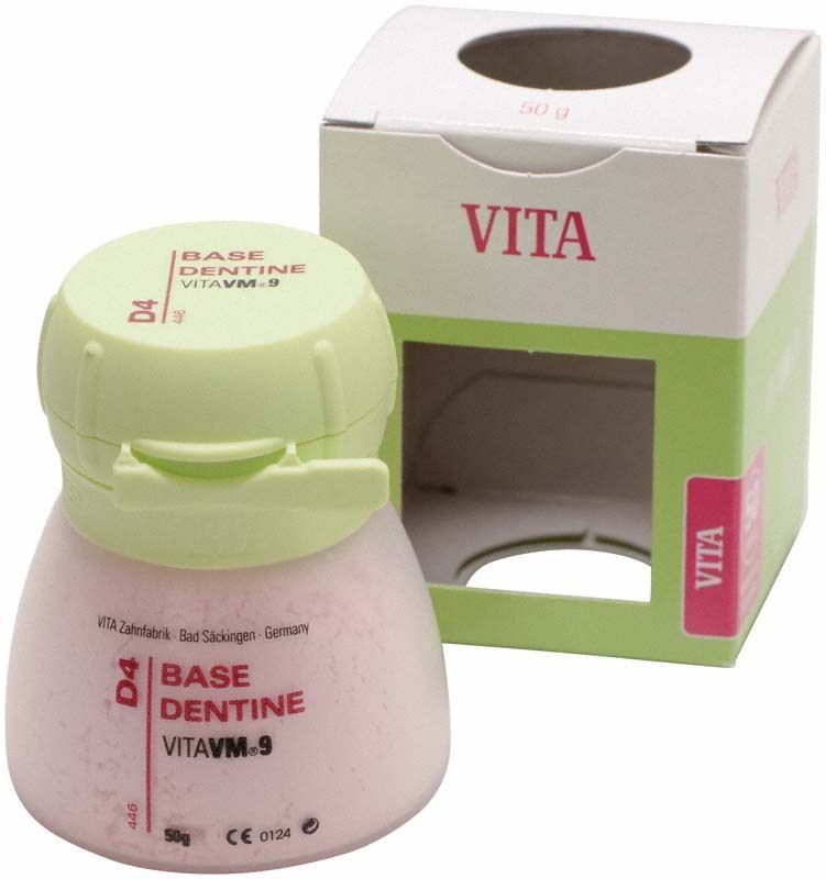 VM9 Classical Base Dentin 50g D4 mit Verpackung im Hintergrund.