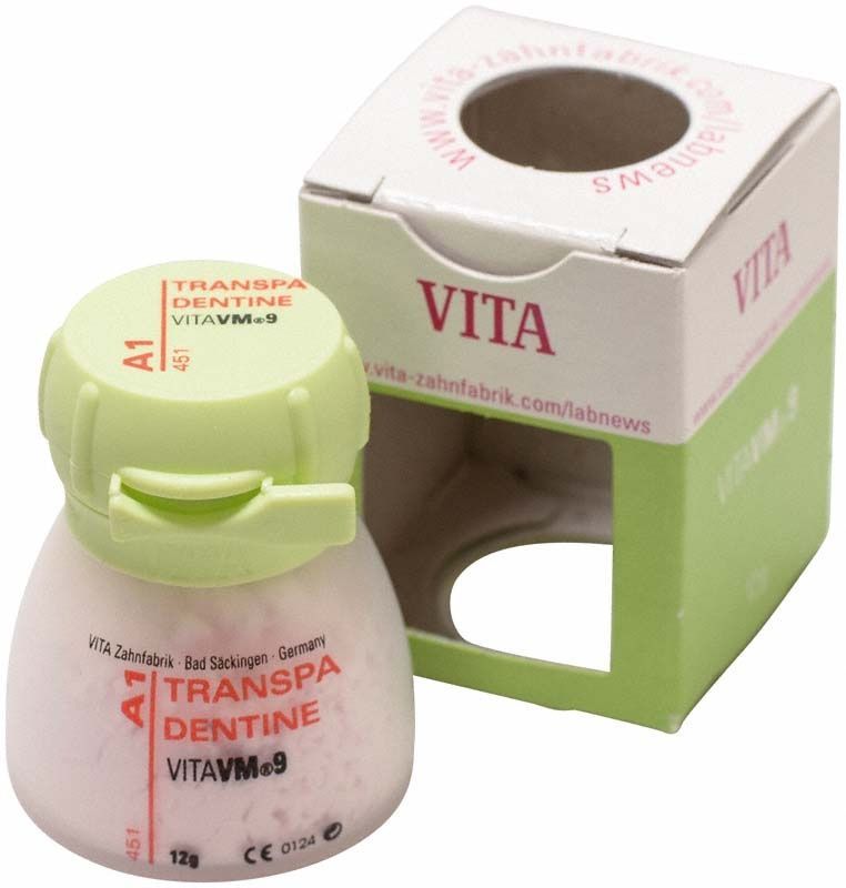 VM9 Transpa Dentin A1 12g im Kunststoffbehälter mit Verpackung.