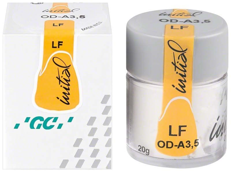 Glasgefäß mit GC Initial LF Opaque Dentin ODA3,5 und Verpackung.