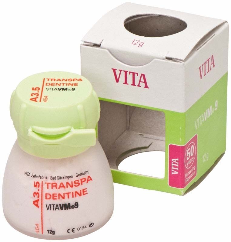 VM9 Classical Transpa Dentin 12g A3,5 in Kunststoffdose mit Verpackung.