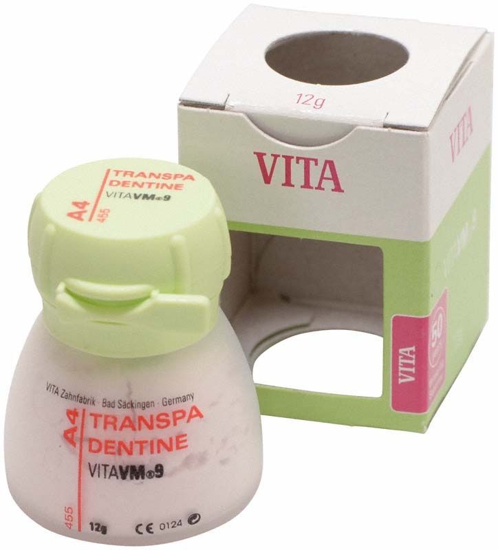 VM9 Classical Transpa Dentin 12g A4 Verpackung mit geöffnetem Deckel.
