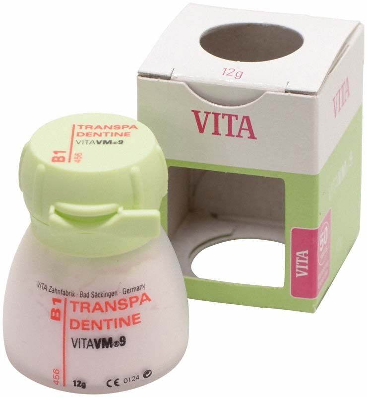 Transpa Dentin VM9 B1 in 12g Dose mit Verpackung.