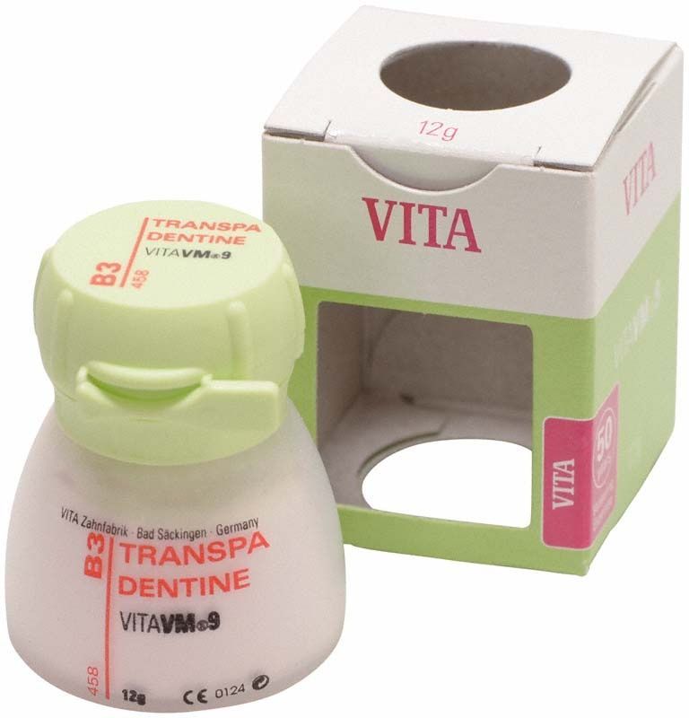 Transparente Dentinpulver-Dose VM9 B3, 12g, mit Verpackung.