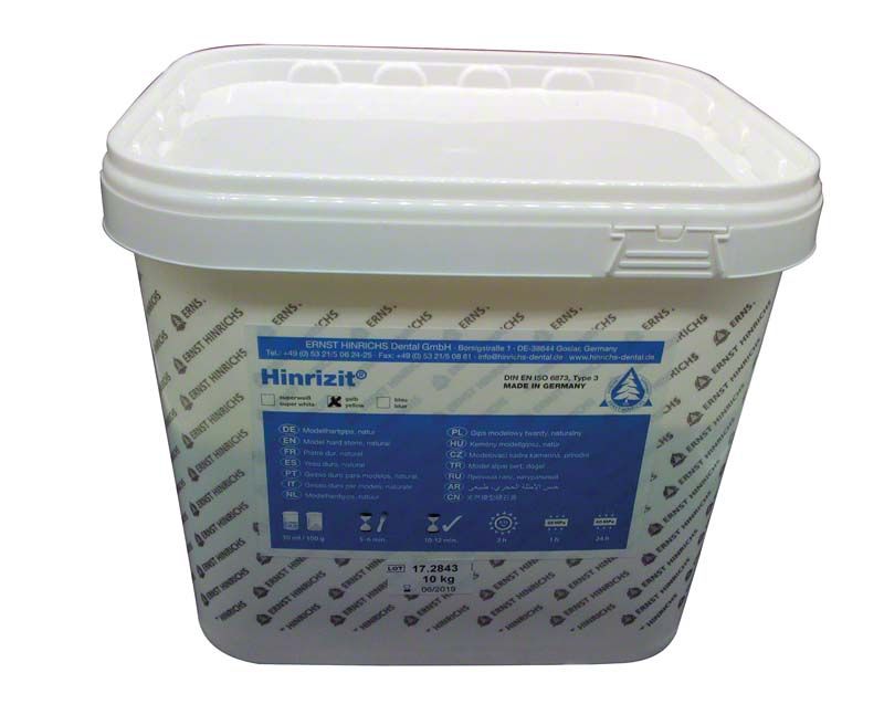 Hinrizit® gelb Modellhartgips 10kg Eimer mit blauem Etikett.