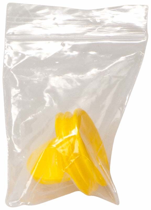 Gelbe Filterdeckel in transparenter Plastiktüte für zahnmedizinische Einwegfilter.