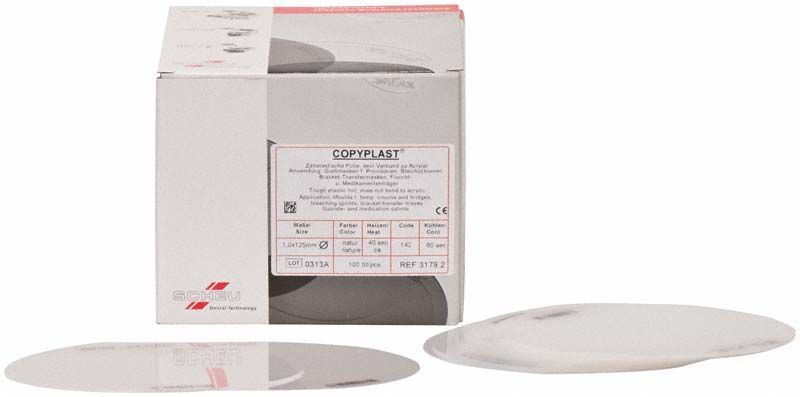 COPYPLAST® Tiefziehfolienpackung mit zwei runden, opaken Folien auf weißem Hintergrund.