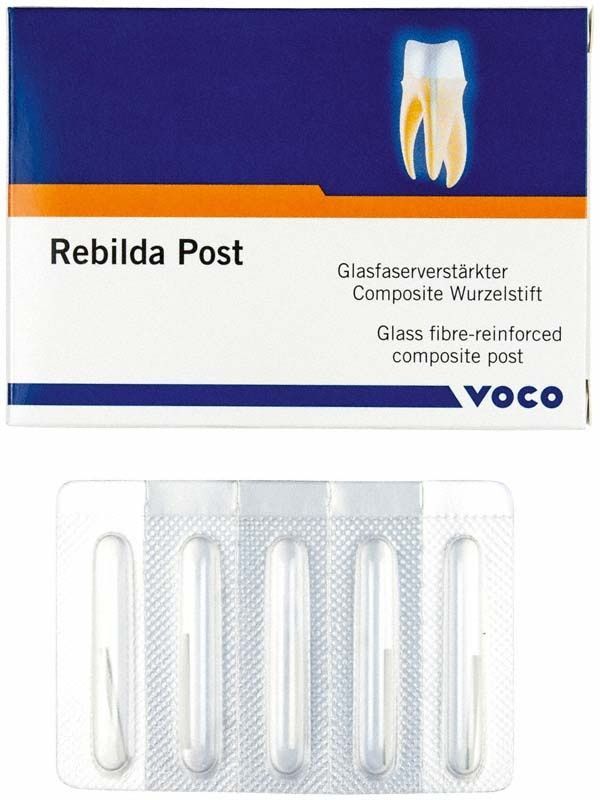 Rebilda Post Glasfaserverstärktes Composite Wurzelstiftsystem in Verpackung.