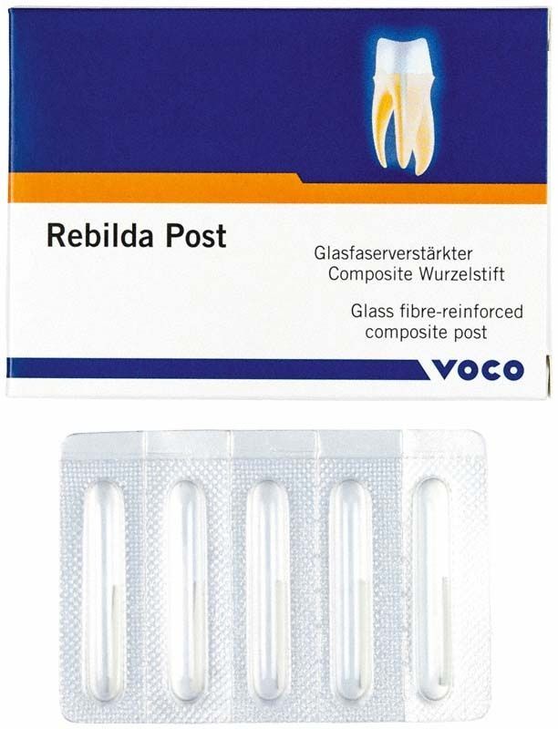 Rebilda Post Glasfaserverstärkter Composite Wurzelstift in Verpackung von VOCO.