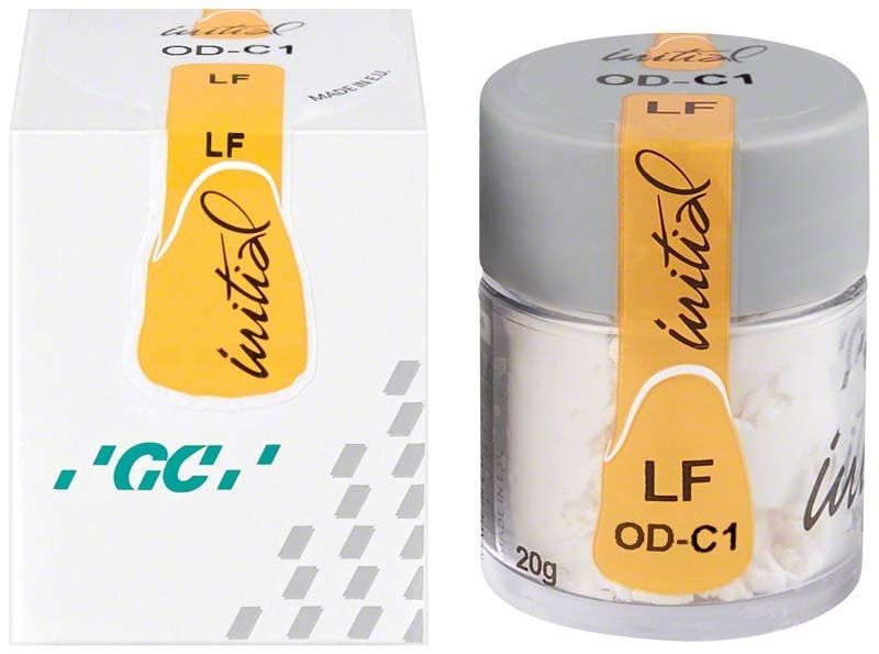 Glasbehälter mit GC Initial LF Opaque Dentin ODC1 und Verpackung.