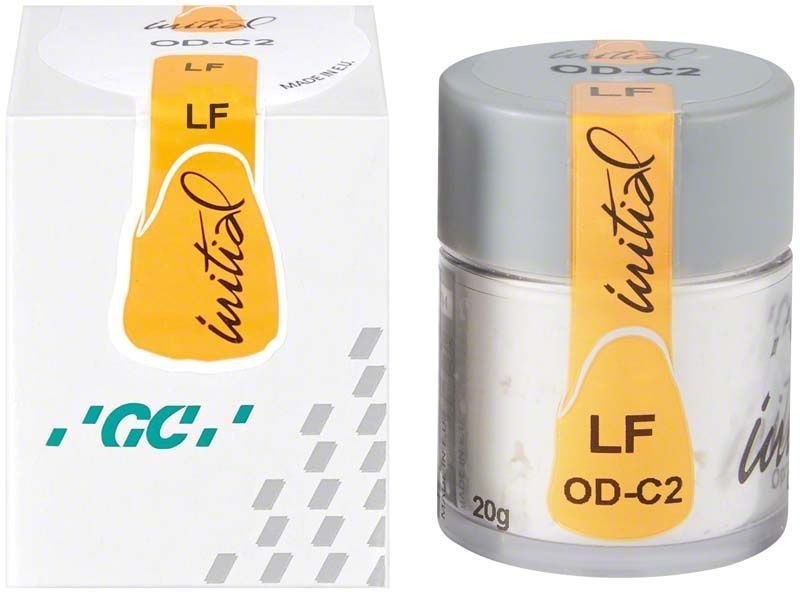 GC Initial LF Opaque Dentin ODC2 im Glasbehälter neben der Verpackung.