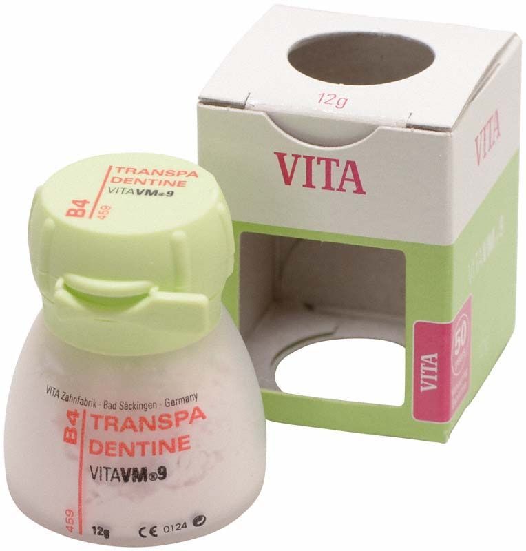Transpa Dentin VM9 B4, 12g Dose neben geöffneter Verpackung.