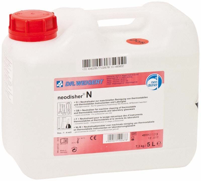 5-Liter-Kanister neodisher® N Neutralisationsmittel mit rotem Verschluss.