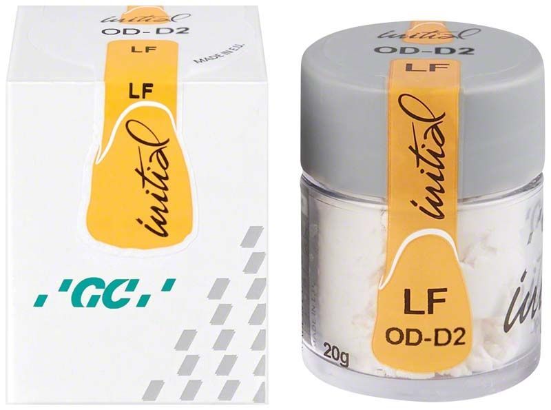 GC Initial LF Opaque Dentin ODD2 im transparenten Kunststoffbehälter mit grauem Deckel.