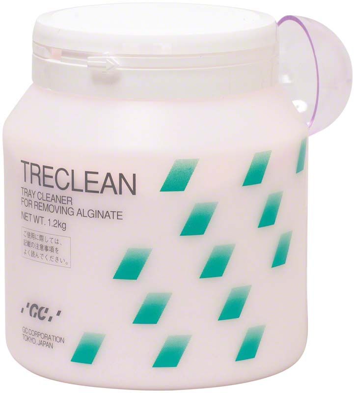 Treclean Pulver in weißem Behälter zur Entfernung von Alginatrückständen.
