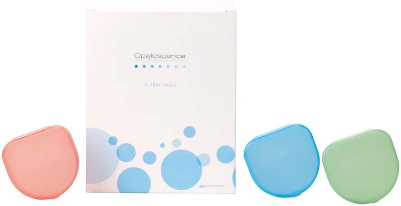 Aufbewahrungsboxen in verschiedenen Farben vor einer Verpackung mit Opalescence-Logo.