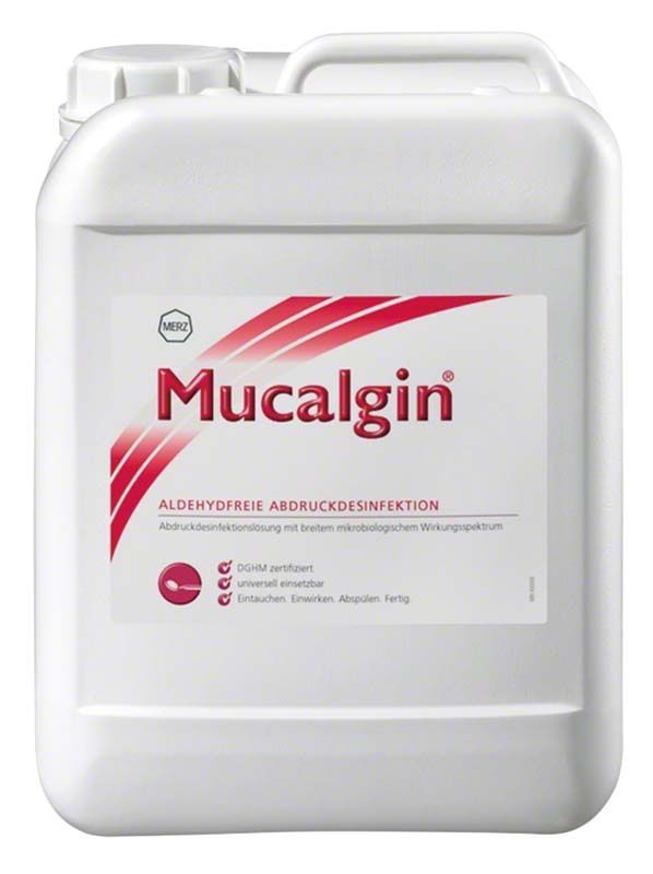 Mucalgin Abdruckdesinfektionslösung in weißem Kanister mit rotem Etikett.
