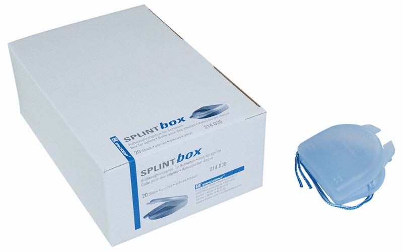 Aufbewahrungsbox Splintbox 25mm für dentalmedizinische Schienen, blau, mit Verpackung.