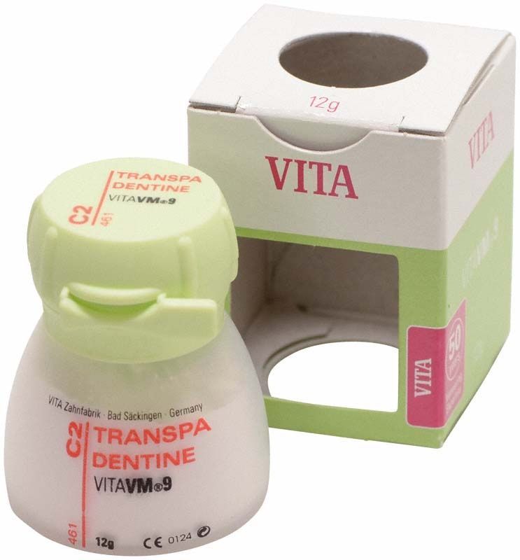 Transparenz Dentin VM9 C2, 12g, mit Verpackung und Produktbezeichnung.