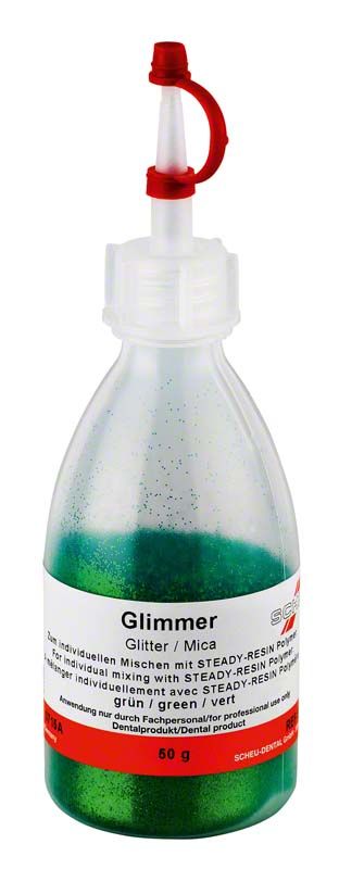 Glimmer grün in Kunststoffflasche mit rotem Verschluss.