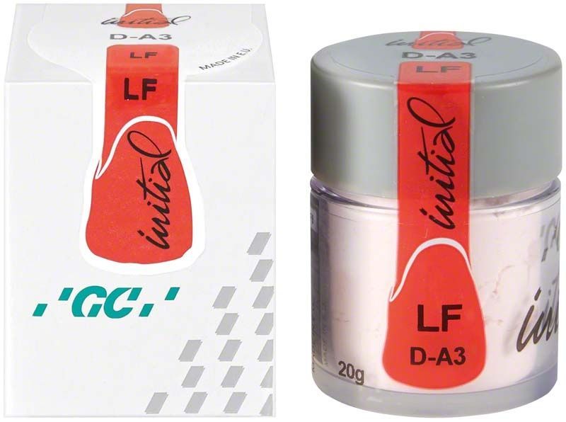 GC Initial LF Dentin DA3 Zahndentinpulver in Kunststoffdose und Verpackung.