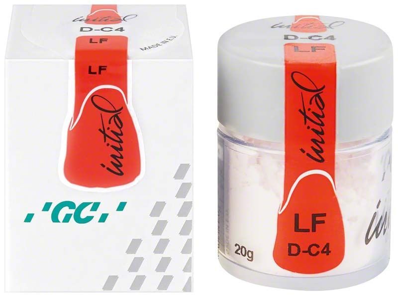 Glasbehälter mit rotem Etikett der GC Initial LF Dentin DC4 Zahnmassen.