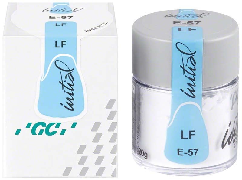 GC Initial LF Enamel E-57 in Verpackung und Glasbehälter.