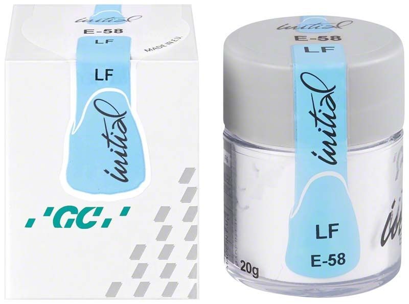 GC Initial LF Enamel E-58 in weißer Verpackung mit grauem Deckel.