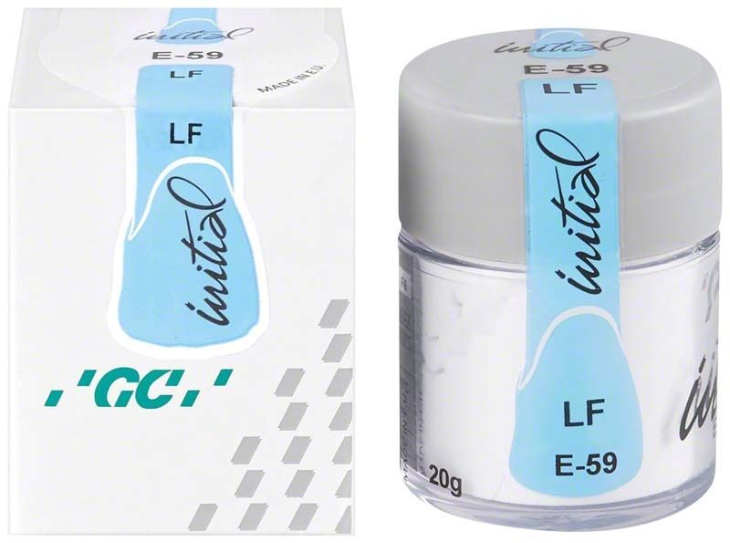 GC Initial LF Enamel E-59 Glasur in weißer Verpackung mit blauem Etikett.