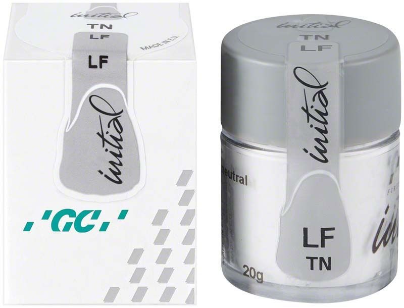 GC Initial LF Translucent TN Zahnkeramikpulver in grauer Verpackung, 20g Glas.