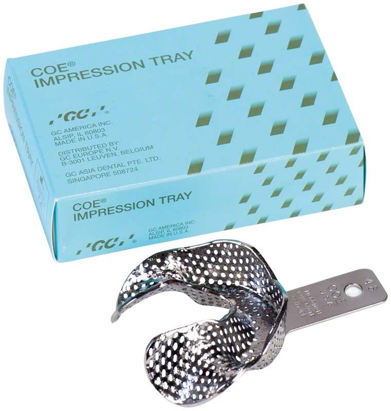 Metall-Löffel für Zahnabdrücke vor Verpackung mit COE®-Logo.