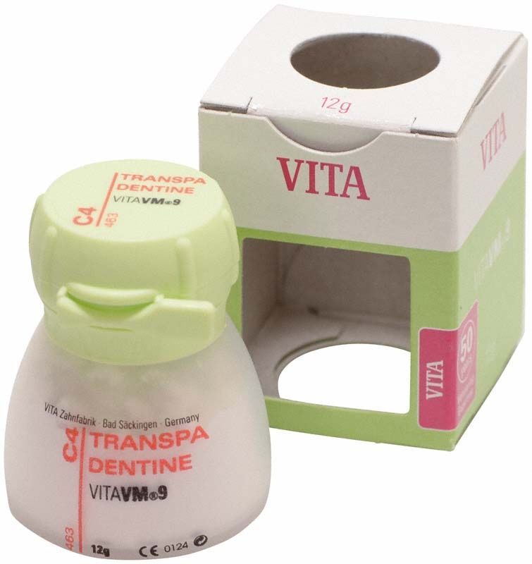 Kleine Dose Vita VM9 Classical Transpa Dentin 12g C4 neben Verpackung.