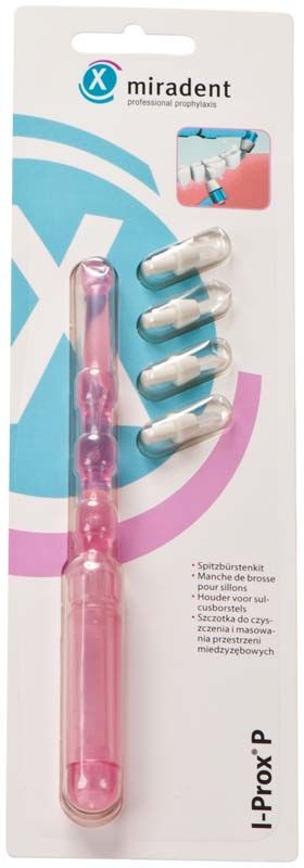 Interdentalbürste I-Prox® P Set, pink transparent, mit fünf Ersatzköpfen in Verpackung.