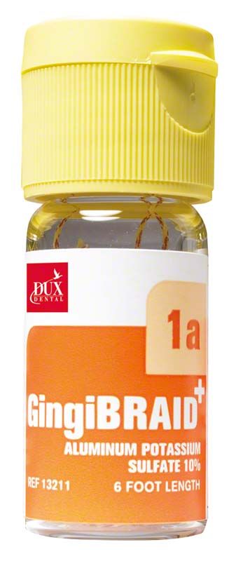 GingiBRAID+ Retraktionsfäden-Flasche mit gelbem Verschluss und orangefarbenem Etikett.