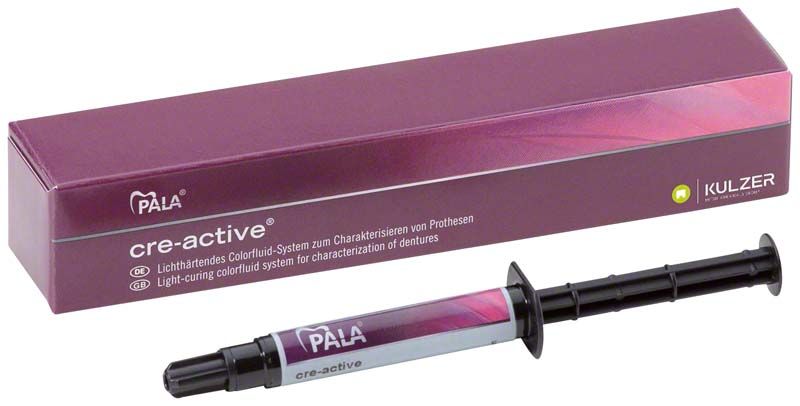 Lichtsensitives Pala cre-active Colorfluid Gingiva clear in Spritze und Verpackung.