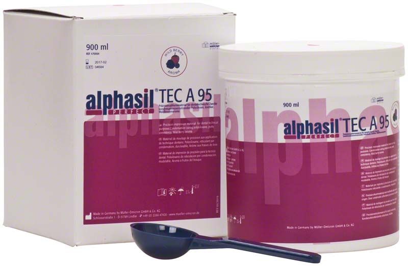 Alphasil perfect Tec A95 Dose 900ml mit Verpackung und Messlöffel.