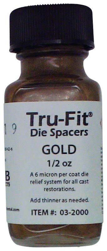 Tru-Fit gold Stumpflackflasche mit Etikett und Inhaltsangabe.