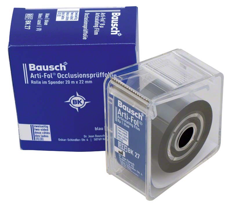 Arti-Fol® Occlusionsprüffolie in blauem Spender mit Verpackung.
