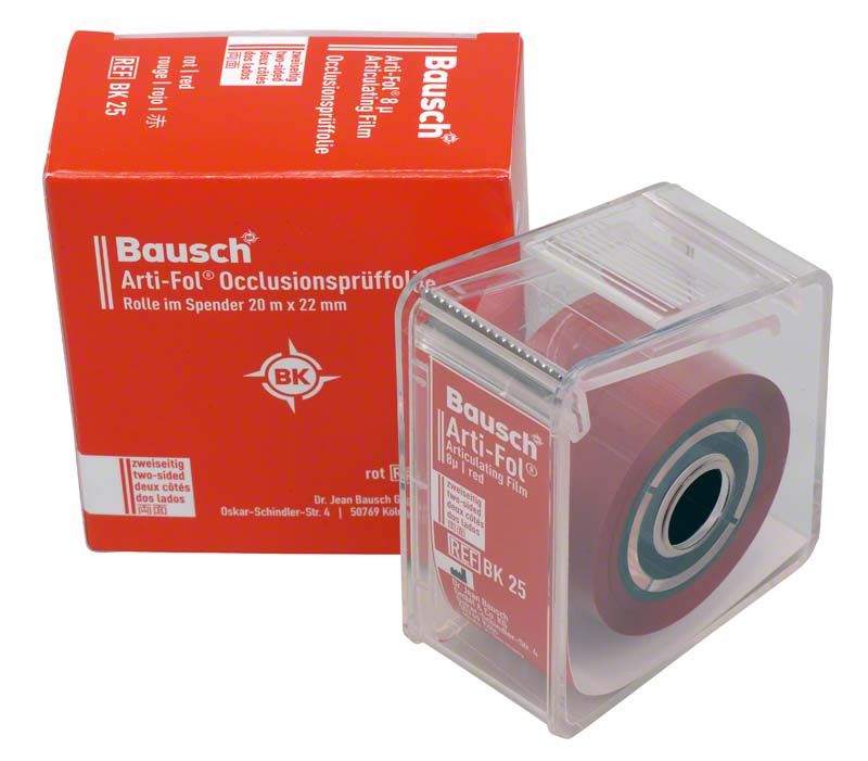 Rote Arti-Fol® Occlusionsprüffolie im Spender mit Verpackung.
