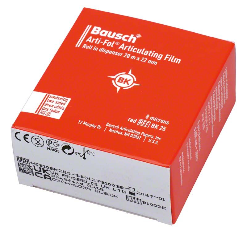 Rote Verpackung der Arti-Fol® Occlusionsprüffolie mit Produktinformationen.