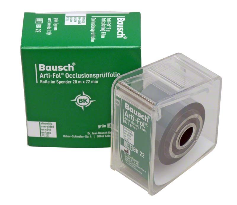 Arti-Fol® Occlusionsprüffolie im transparenten Spender mit grüner Verpackung.