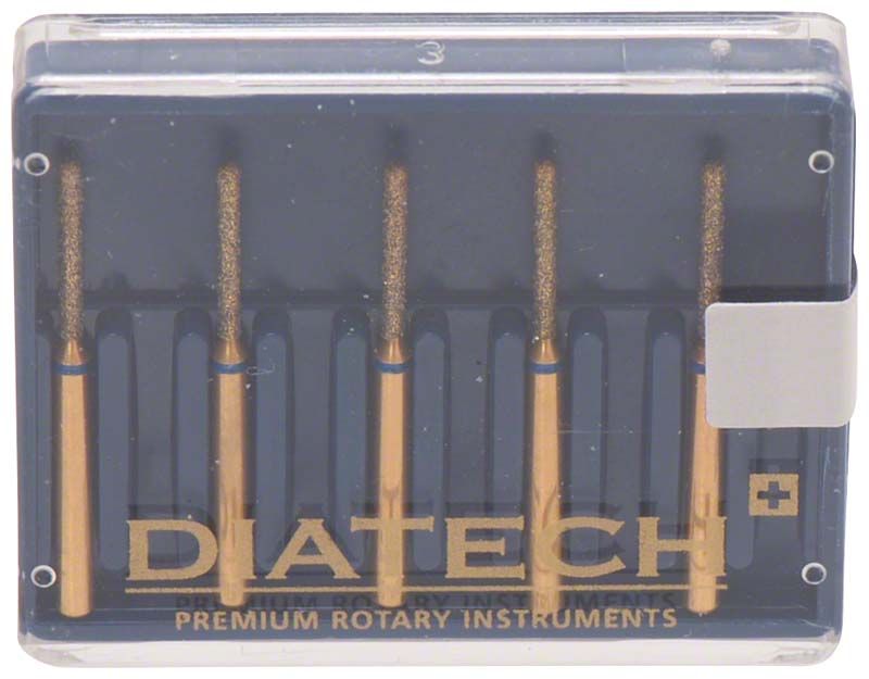 Diatech Diamant FG G881 010 mittel in Verpackung mit fünf rotierenden Instrumenten.