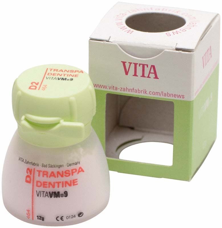 Transparenter Dentin VM9 D2 in 12g Dose mit Verpackung.